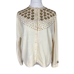 Vintage Women's L Beige Beaded Cardigan Sweater Button Up Grandmacore